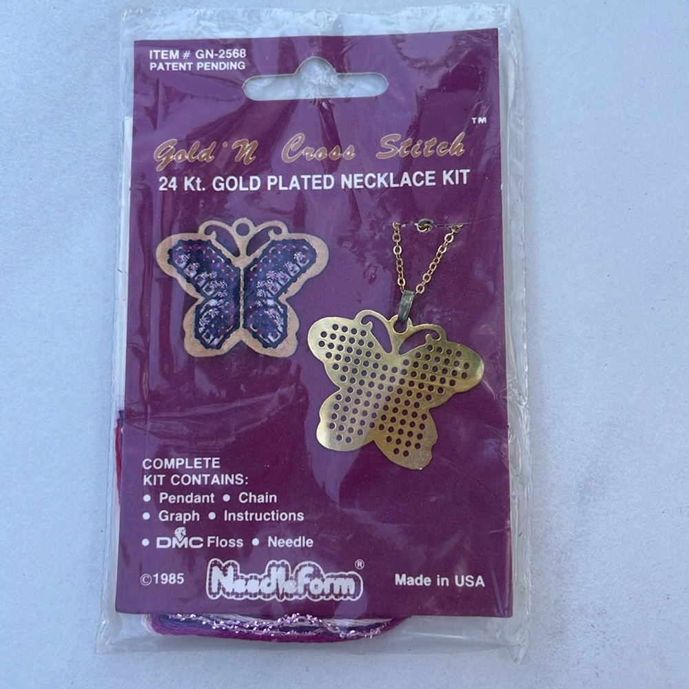 Vintage NeedleForm gold cross stitch 24kt gold plated necklace kit 1985